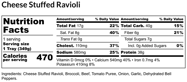 Nutritional Facts - Cheese Stuffed Ravioli 6oz